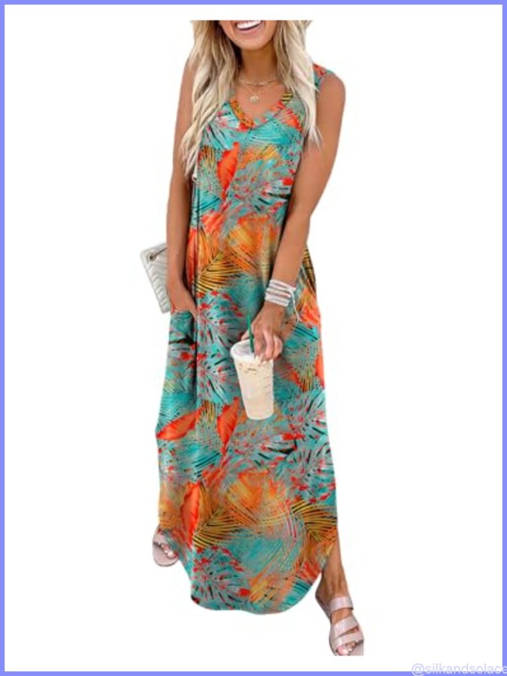 Maxi Dress Sleeveless V-Neck Side Slit Pockets Summer Beach Casual